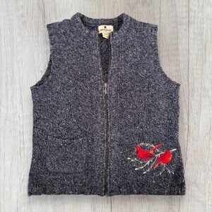 Woolrich Red Cardinal Bird Embroided Sweater Vest Gray Heather Zip Front S